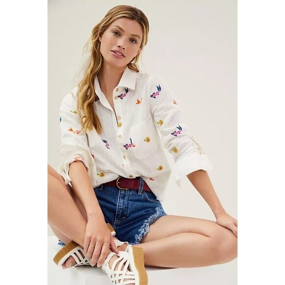 Anthropologie Maeve Embroidered Koi Fish White Button Down Women's Size 12 - Picture 1 of 12